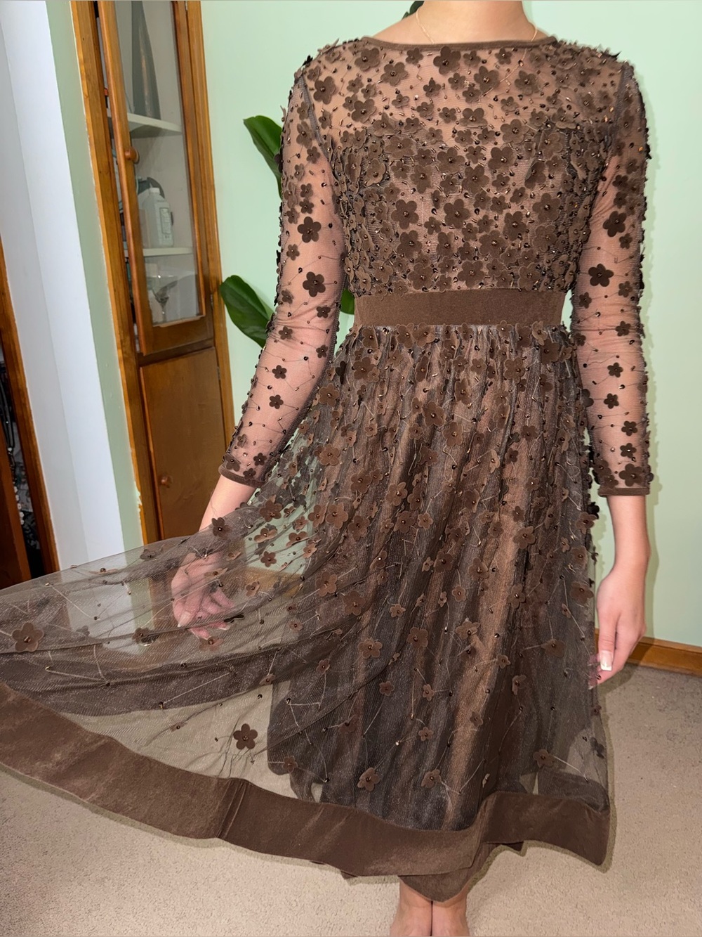 Mac Duggal Brown Embellished Velvet Trim A-Line Midi Dress | Size 2 | NWOT - Picture 6 of 14